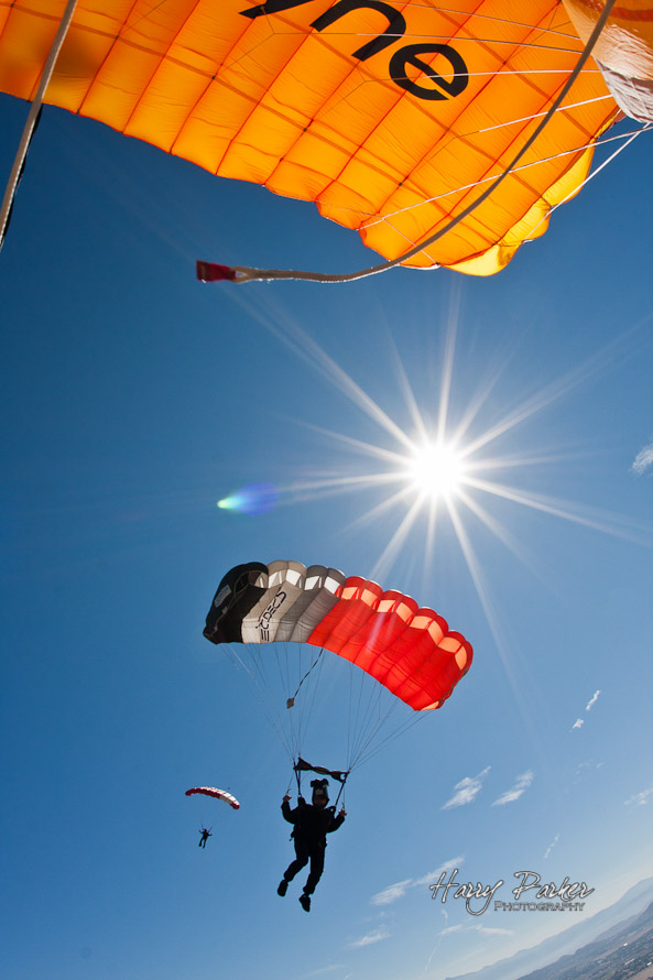 PRO Skydiving Photographer Craig O'Briend under canopy over skydive perris, photo by harry parker