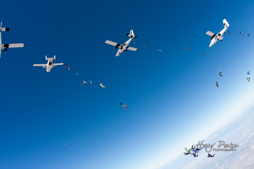 Skydive formation exit over skydive perris, photo by harry parker