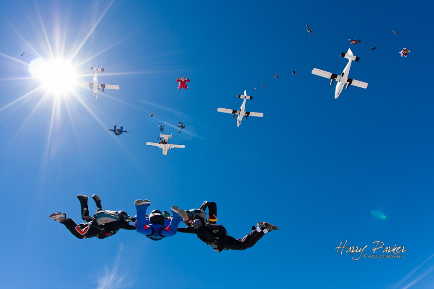 lead Plane exit and view of big way skydiving, photo by harry parker
