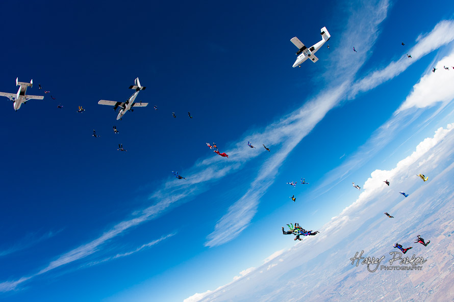 Skydiving formation exit, photo by harry parker