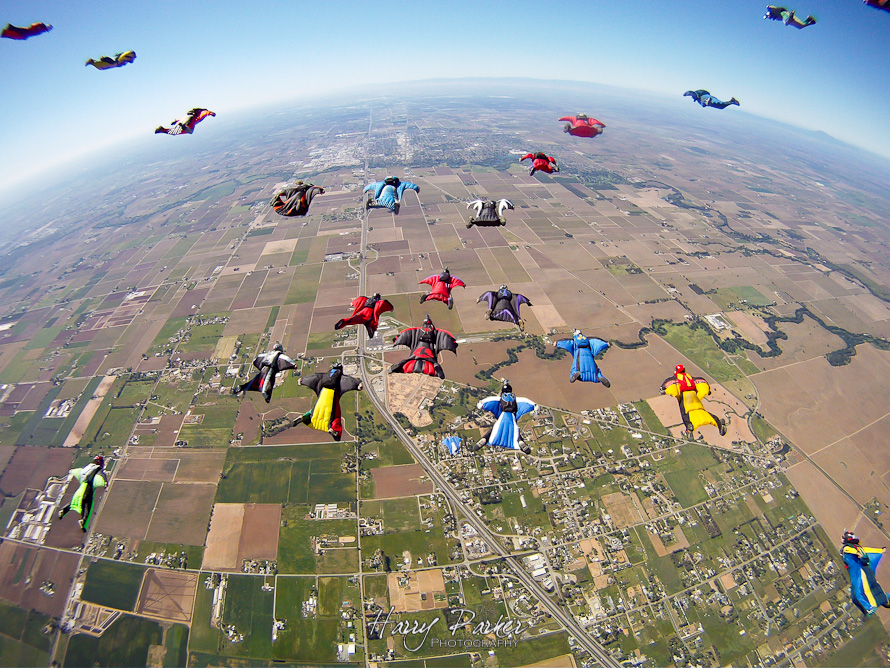3D WingSuit Formation over Lodi, Photo by Harry Parker Photography